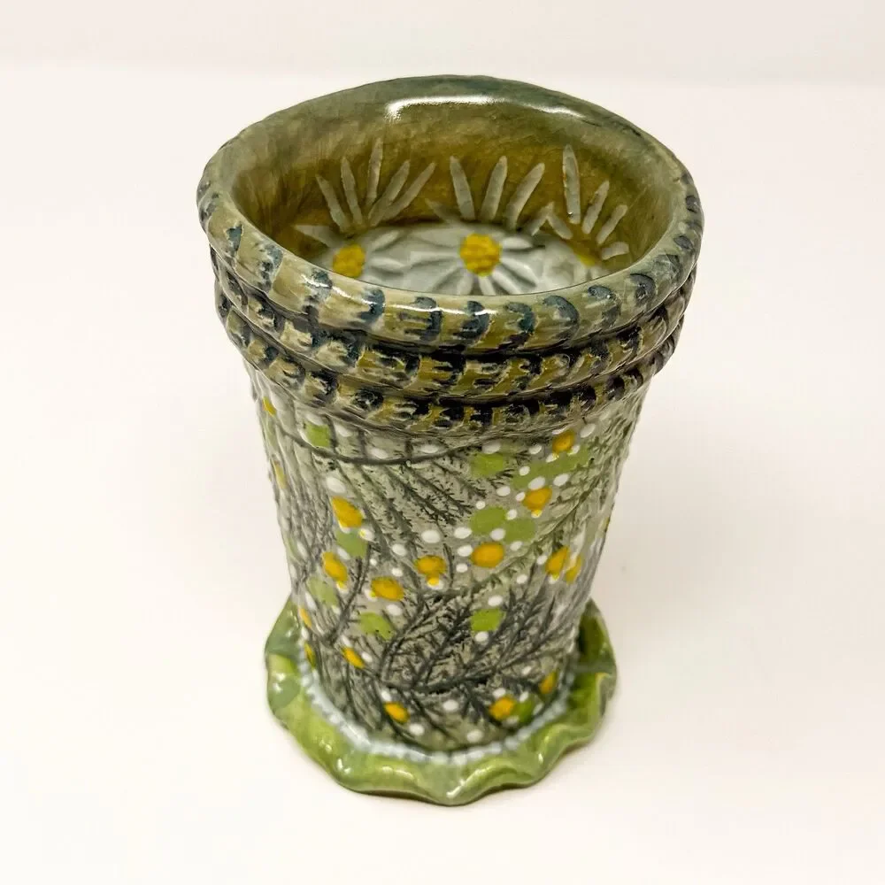 Signed Studio Art Pottery Vase Handmade Textured Floral Daisy Folk Art OOAK